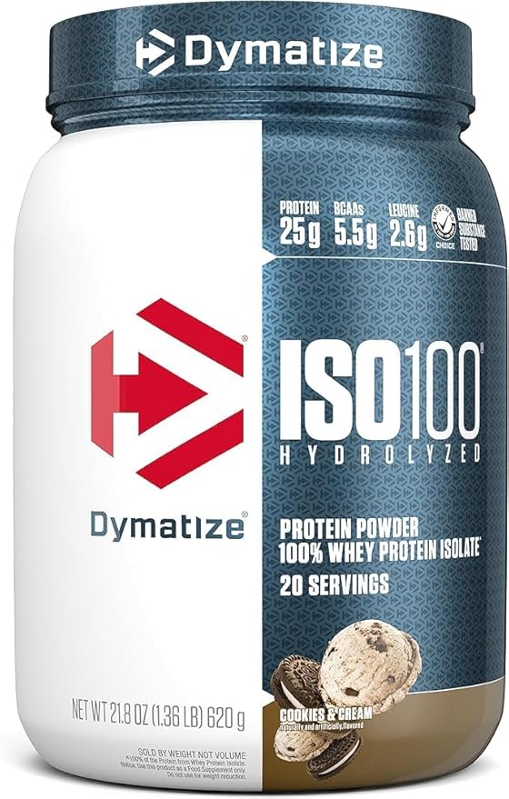 Dymatize ISO100 Whey Protein Isolate - Extreme Absorption, Cookies & Cream, 25g Protein/Serving, Low Fat & Sugar, Essential for Gaining Muscle and Losing Fat,20 Servings (Pack of 1)