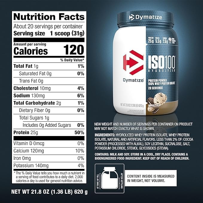 Dymatize ISO100 Whey Protein Isolate - Extreme Absorption, Cookies & Cream, 25g Protein/Serving, Low Fat & Sugar, Essential for Gaining Muscle and Losing Fat,20 Servings (Pack of 1)