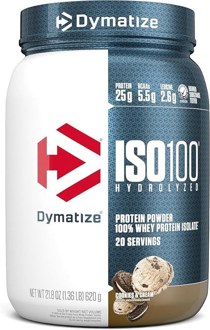 Dymatize ISO100 Whey Protein Isolate - Extreme Absorption, Cookies & Cream, 25g Protein/Serving, Low Fat & Sugar, Essential for Gaining Muscle and Losing Fat,20 Servings (Pack of 1)