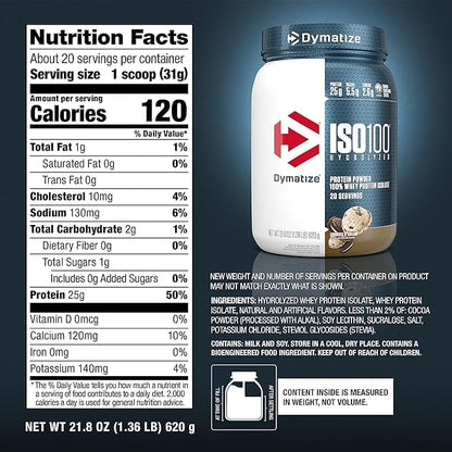 Dymatize ISO100 Whey Protein Isolate - Extreme Absorption, Cookies & Cream, 25g Protein/Serving, Low Fat & Sugar, Essential for Gaining Muscle and Losing Fat,20 Servings (Pack of 1)